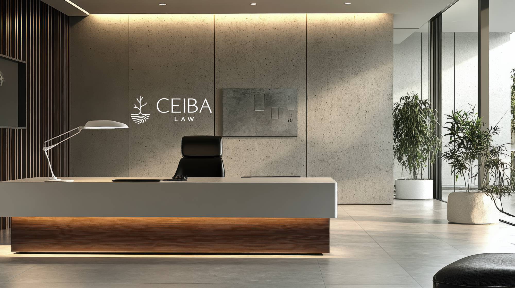 Ceiba Law reception desk with the firm's logo